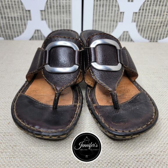 Born Women's Brown Leather Silver Buckle Detail Thong Wedge Sandals Size 7 - Picture 2 of 13